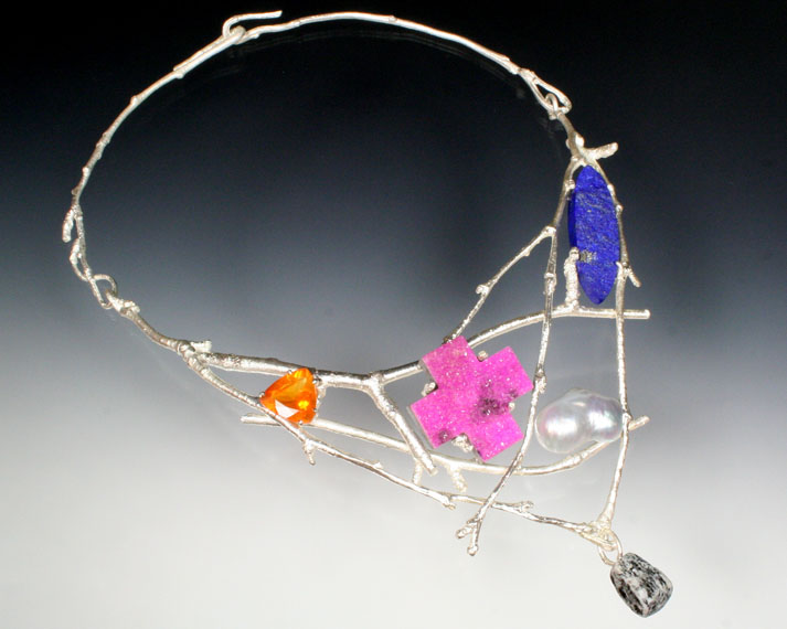 Sterling silver twig collar with mixed gemstones