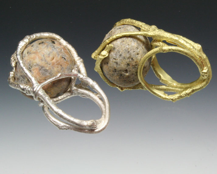 Twig ring with caged beachstone