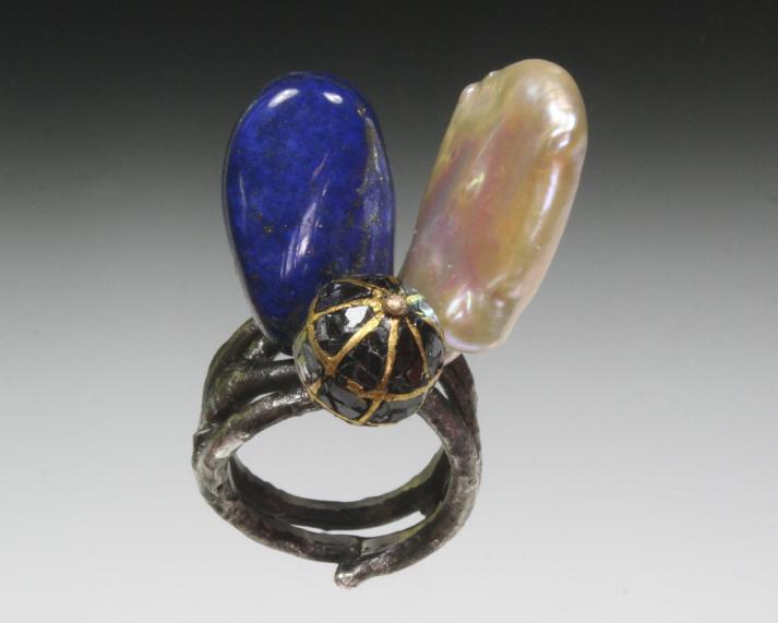 Pearl, Lapis and Diamond Sphere Ring