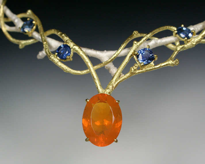 Twig necklace with sapphire & fire opal